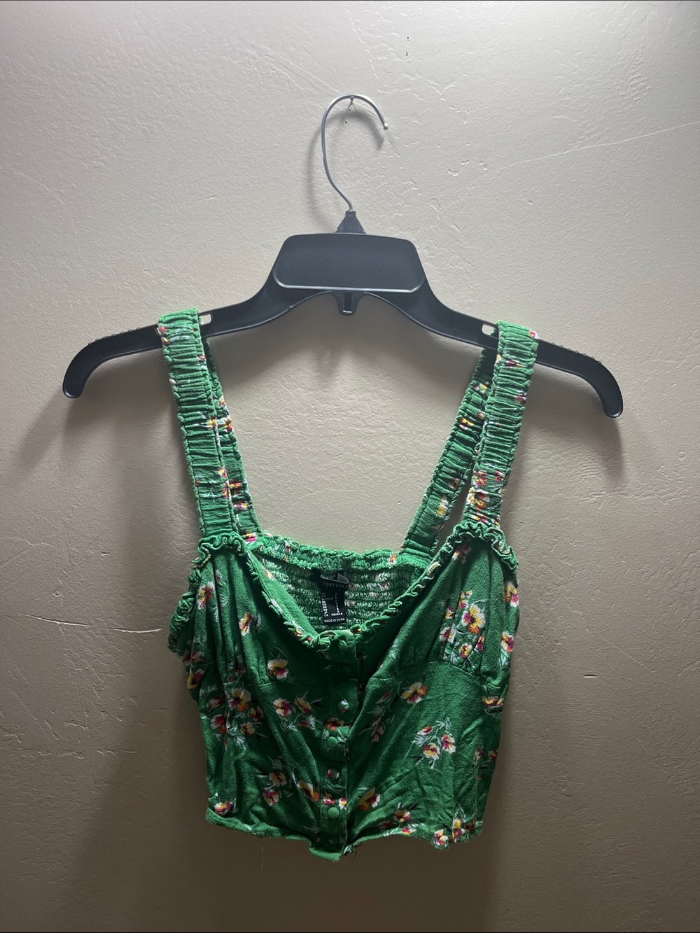 Forever 21 Green Floral Ruched-Strap Cropped Top